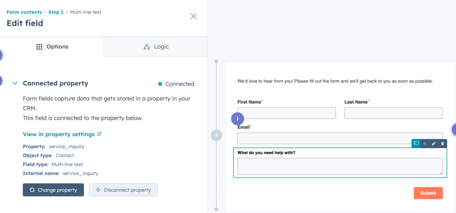 Huspot form with a new property created