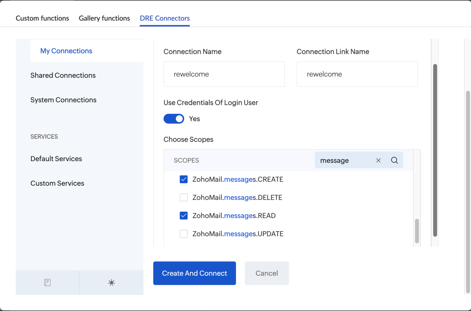 connection scope zoho